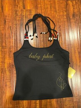 black Baby Phat rhinestone halter top featuring the brand's iconic cat logo.